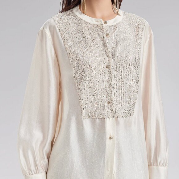 Rich Radi Q Sequin-Stitched French-Style Beige Shirt Size 2XL - Picture 3 of 12